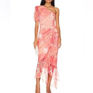 BCBGMAXAZRIA One Shoulder Midi Floral Dress